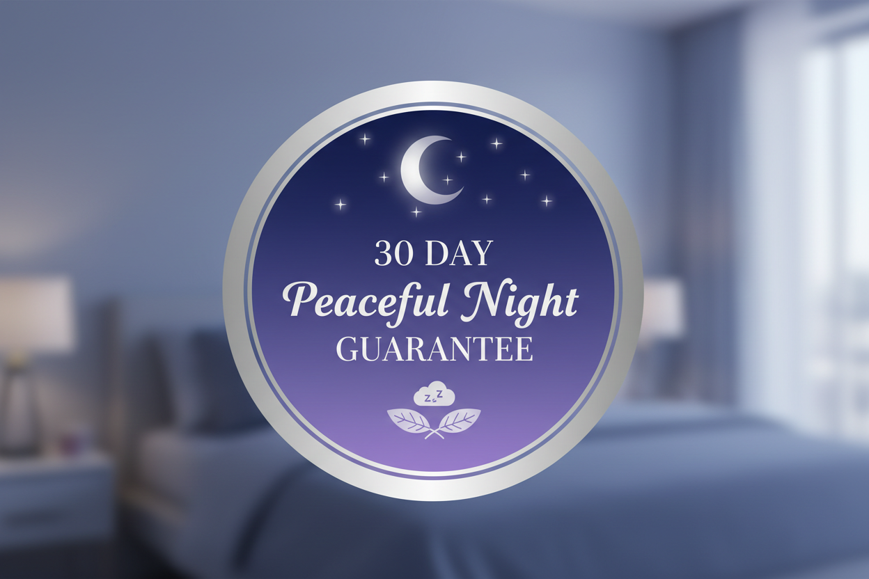 Bedroom with a '30 Day Peaceful Night Guarantee' label overlay