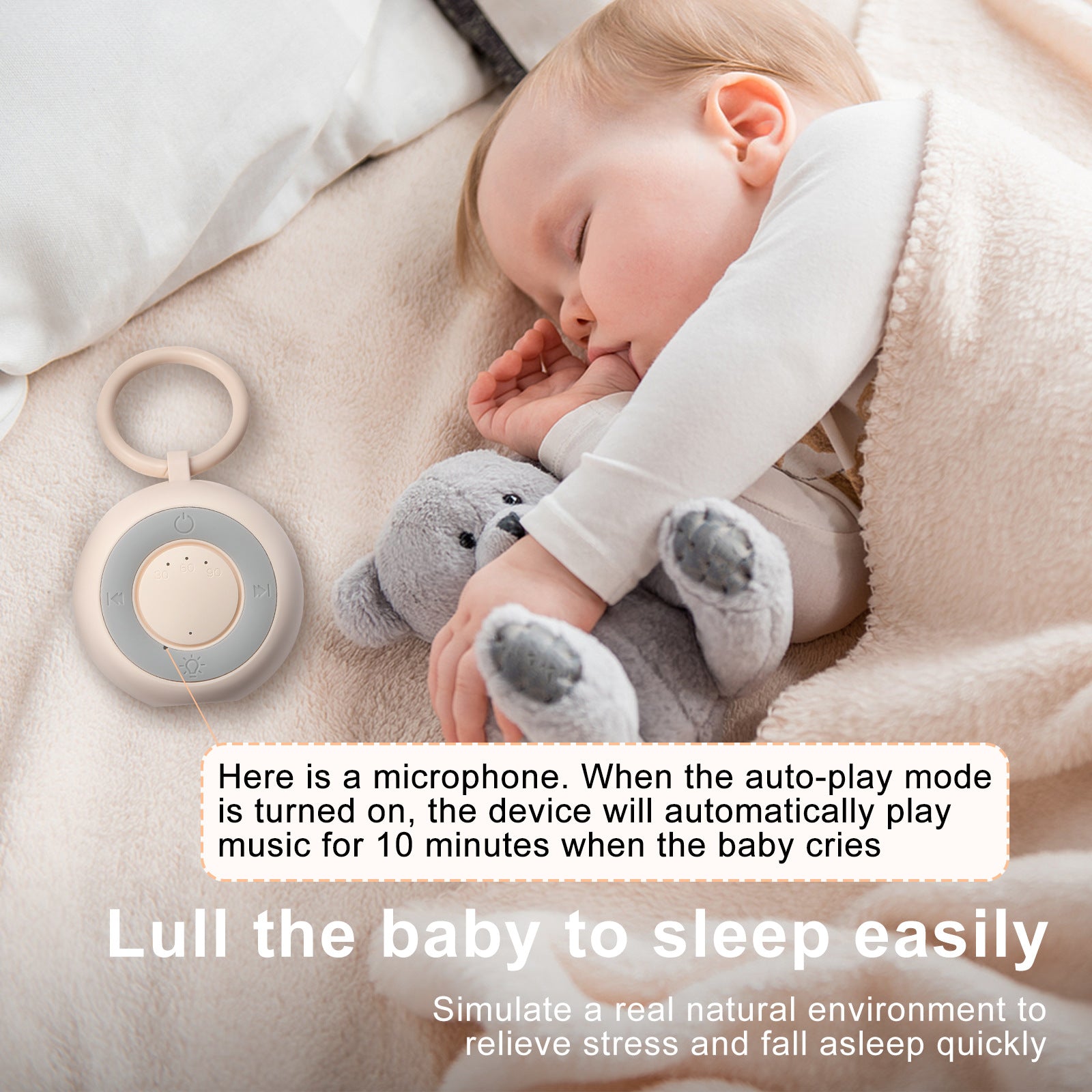 Baby sleeping with a Hush Pebble and text explaining how it helps your baby to sleep easily.