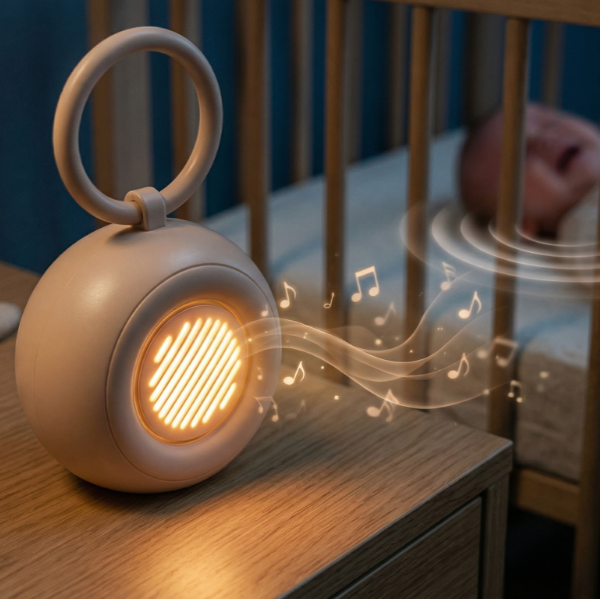 Round night light with musical notes emanating from it on a wooden surface.