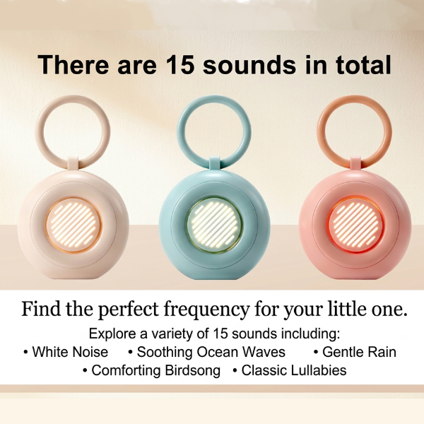 Three colorful noise machines with text about sound options on a beige background