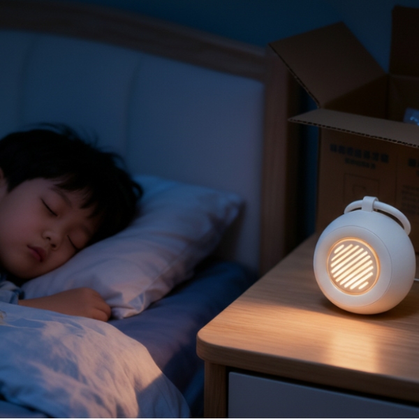 Child sleeping in bed with a night light on a bedside table