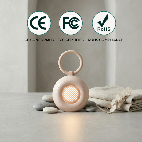 Pink lamp with certification logos on a neutral background