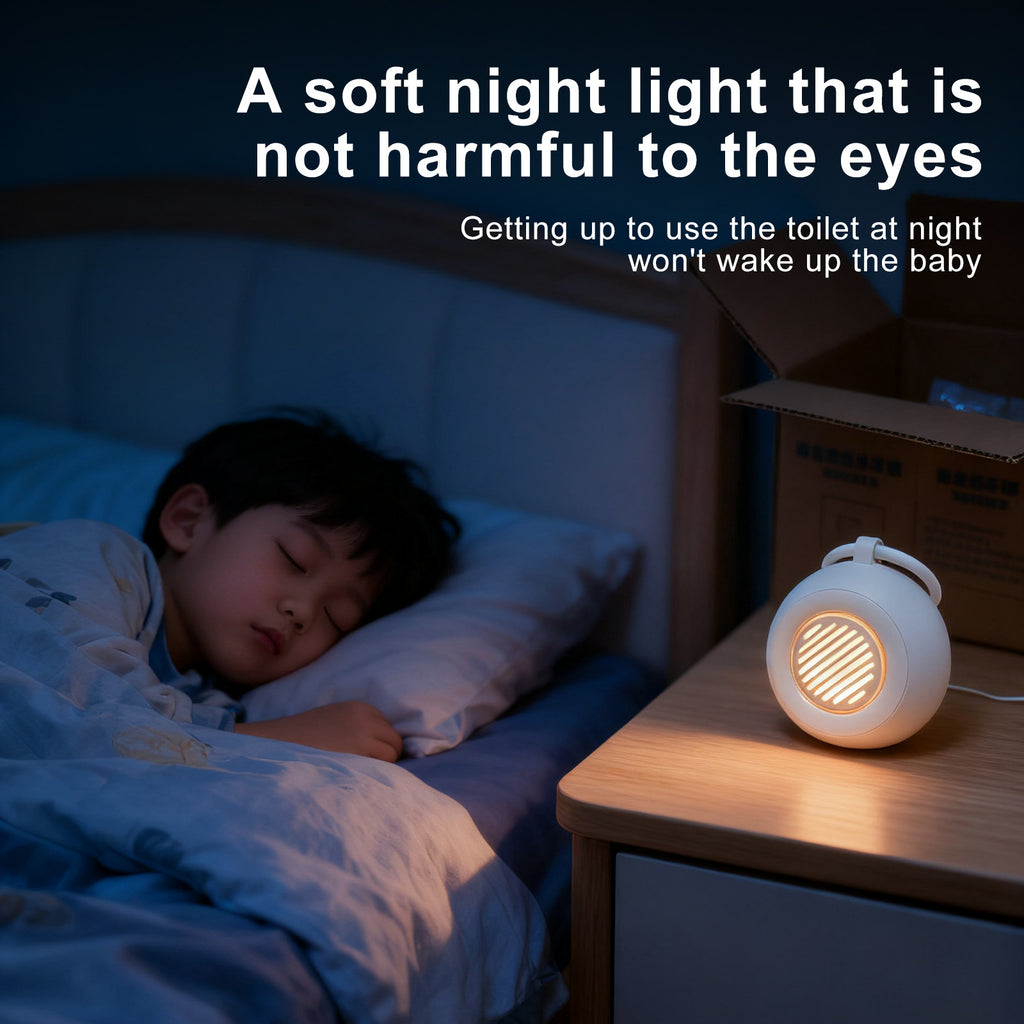 Child sleeping in bed with a soft night light on a bedside table.