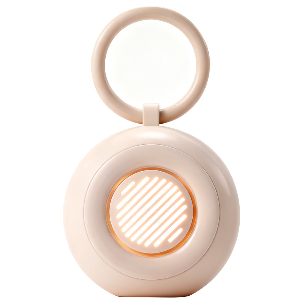 Beige portable light with a circular design on a white background